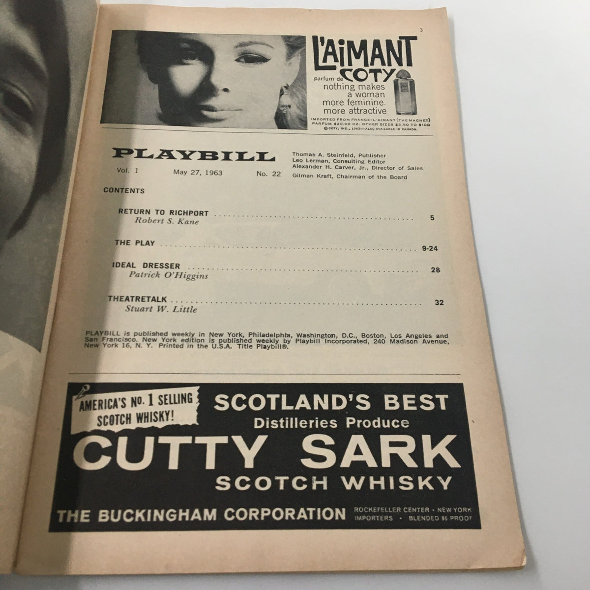 Interior page of the 1963 Playbill Martin Beck Theatre for Strange Interlude, displaying contents and advertisements from the May 27, 1963 issue.