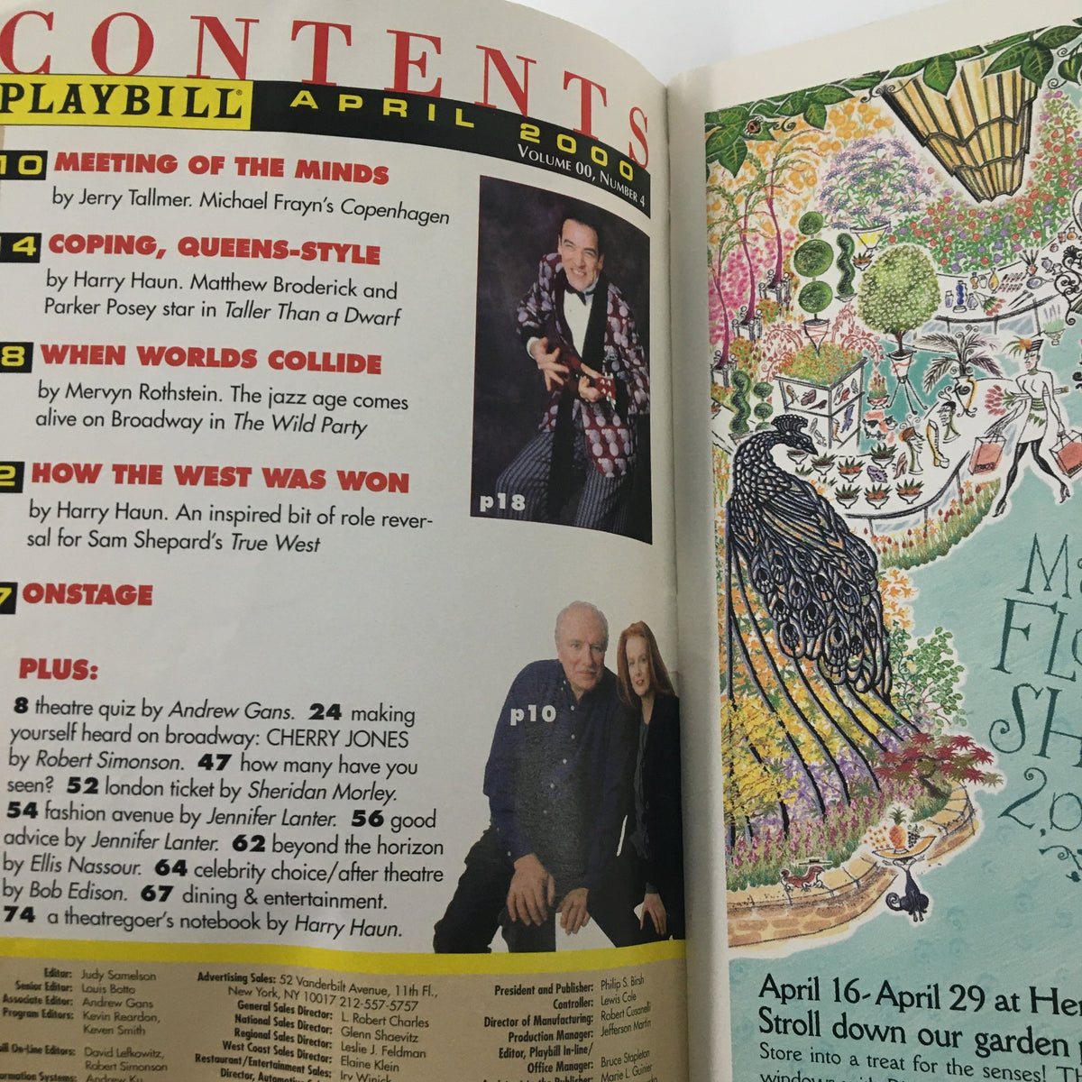 Contents page from the 2000 Playbill for 'Dirty Blonde' at the Helen Hayes Theatre, displaying various article titles and vibrant illustrations.