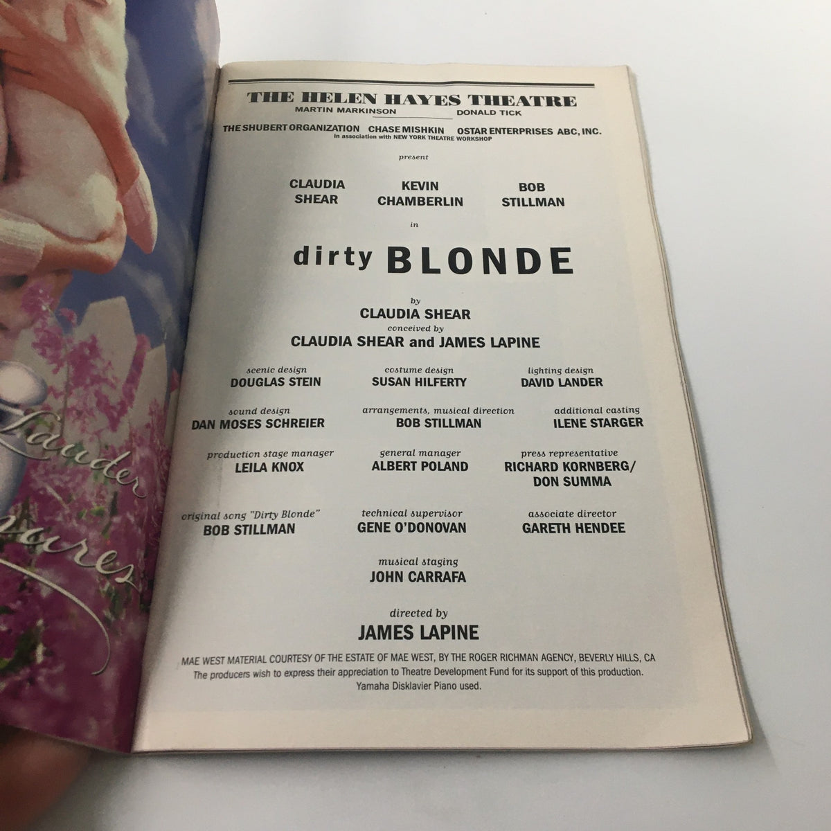 2000 Playbill from The Helen Hayes Theatre featuring the production 'Dirty Blonde' by Claudia Shear and Bob Stillman. The playbill includes cast and crew details, showcasing its collectible value for theatre enthusiasts.