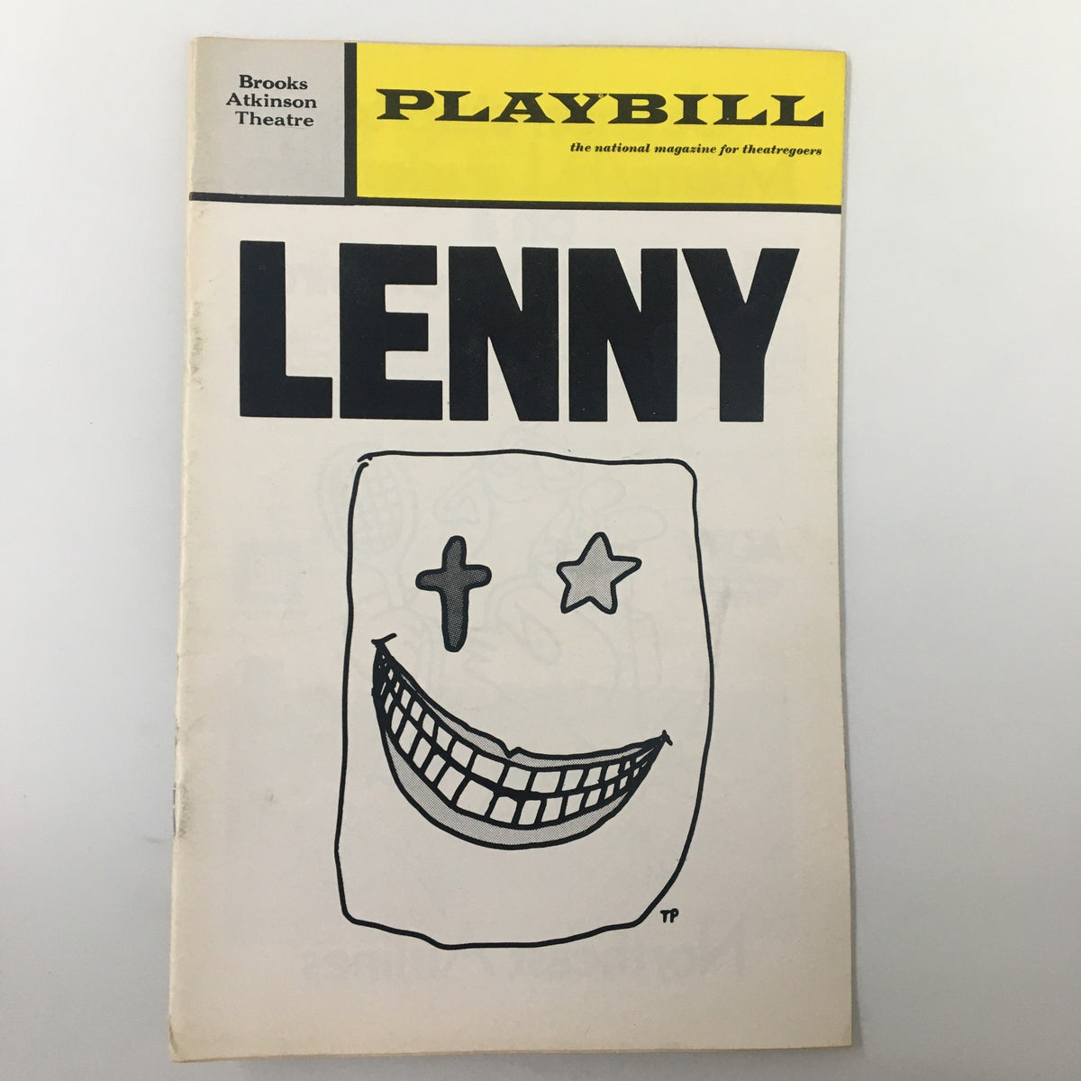1972 Playbill for Lenny by Julian Barry featuring a cover illustration of a smiling face at Brooks Atkinson Theatre.