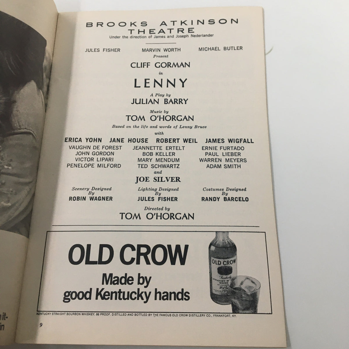 Cast and production details from the 1972 Playbill for Lenny by Julian Barry, highlighting Cliff Gorman and other key contributors.