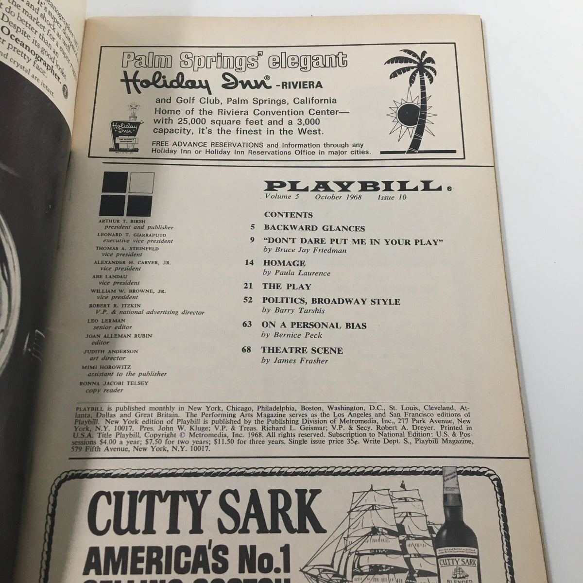 Inside page of the 1968 Playbill The Music Box, listing contents and advertisements, adding to the cultural context of the production of Lovers by Brian Friel.