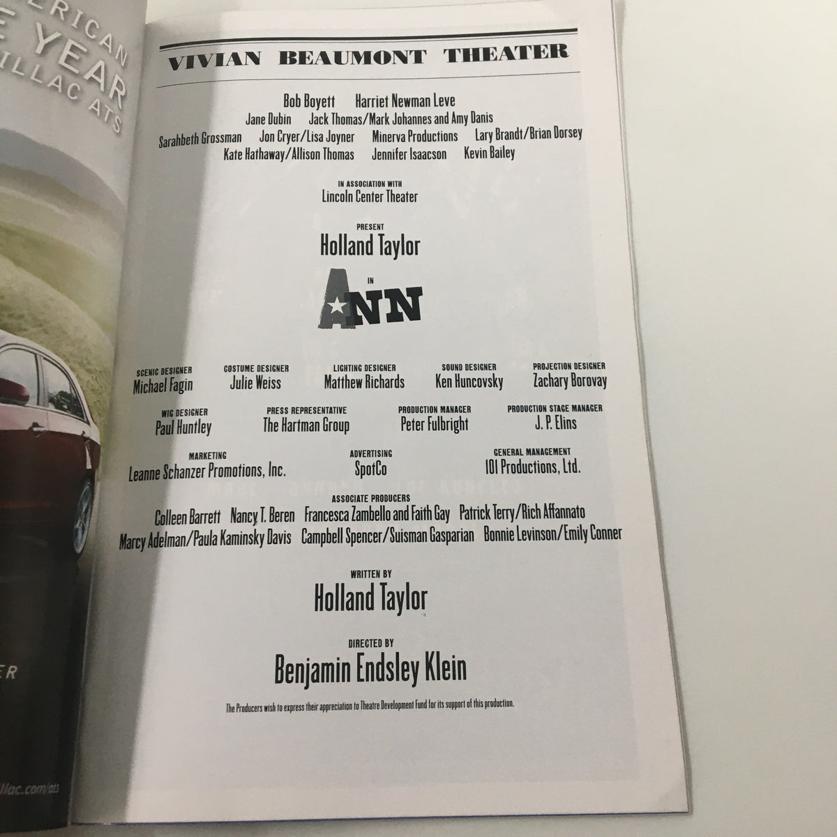 2013 Playbill page for the Vivian Beaumont Theater showcasing Holland Taylor in 'Ann' by Benjamin Klein, including production details and cast list.