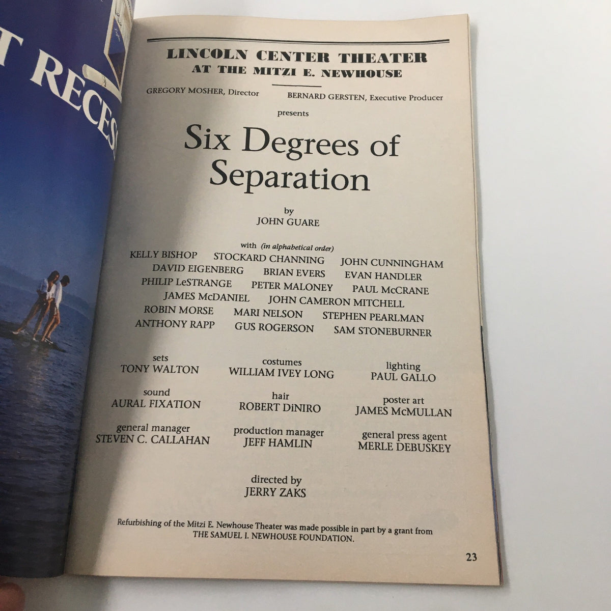 Credits page from the 1990 Playbill for Six Degrees of Separation by John Guare, listing cast and crew members at the Lincoln Center Theater.