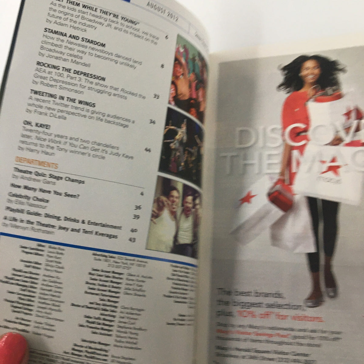 Inside view of the August 2012 issue of the Playbill for Heartless, showcasing advertisements and content related to theater events.