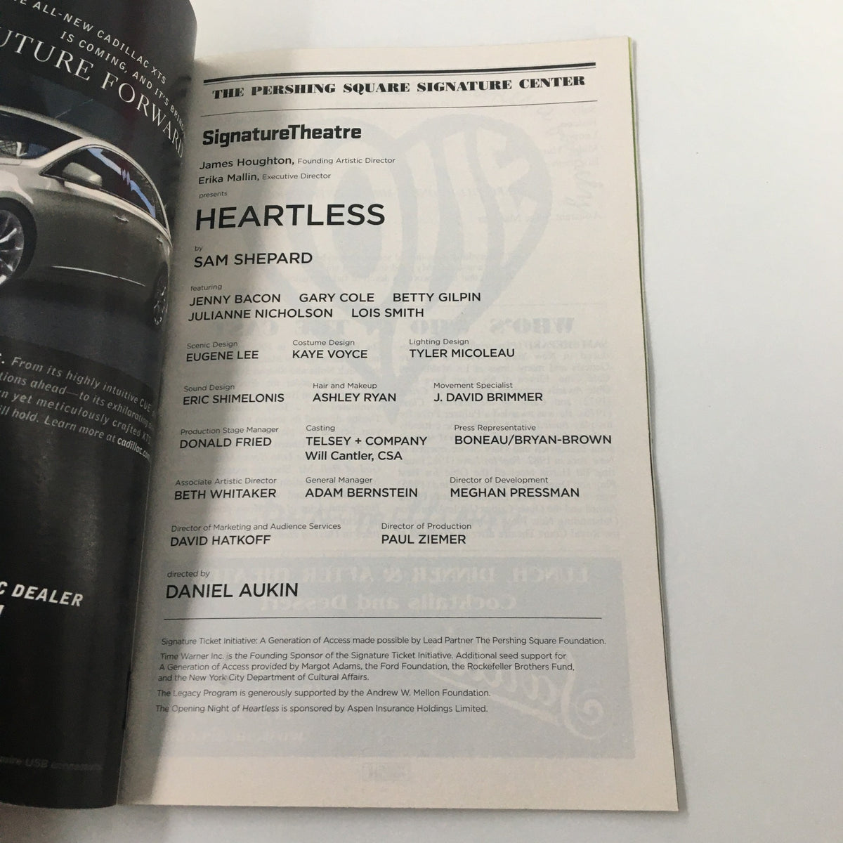 Page detailing the cast and creative team of the 2012 Playbill for Heartless by Sam Shepard at the Pershing Square Signature Center.