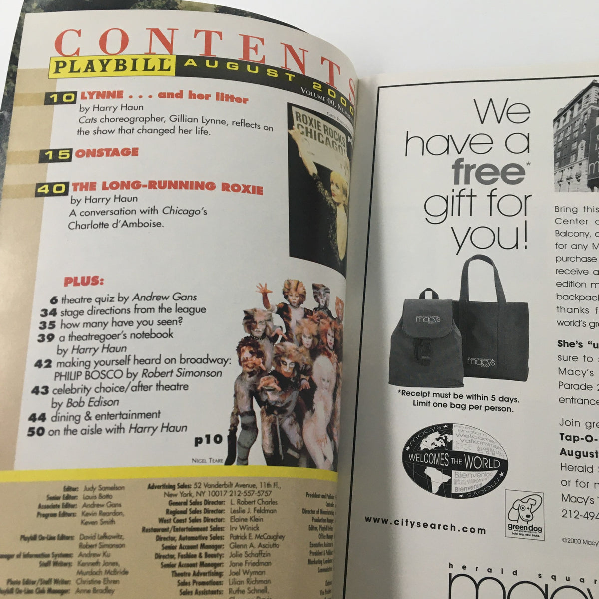 Inside content page of the 2000 Playbill from St. James Theatre for Swing!, displaying play details and upcoming shows.