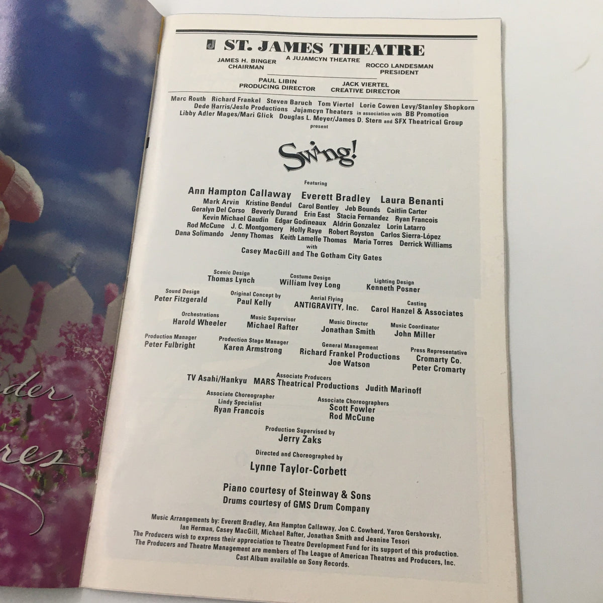 Cast list page from the 2000 Playbill for Swing! at St. James Theatre, featuring Ann Hampton Callaway and Laura Benanti.