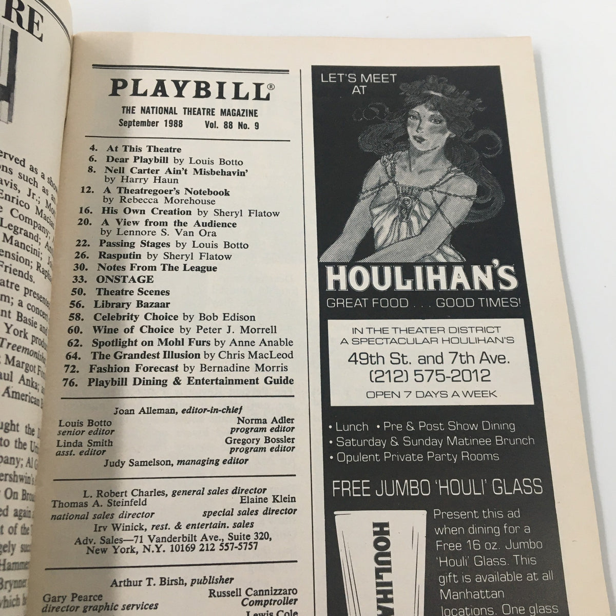 Interior page of the 1988 Playbill Gershwin Theatre, showcasing advertisements and the September 1988 issue details.