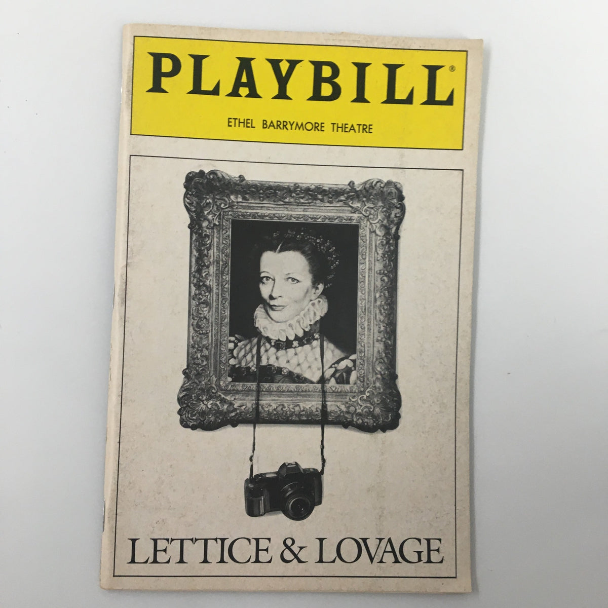 1990 Playbill Ethel Barrymore Theatre featuring Maggie Smith in Lettice & Lovage, showcasing a portrait of Smith framed with a camera hanging below.