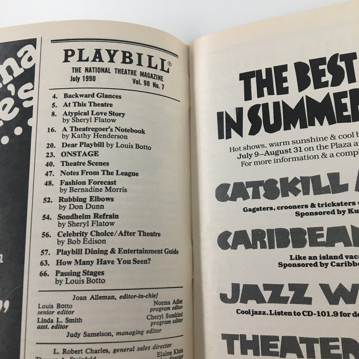 Inside view of the 1990 Playbill from Ethel Barrymore Theatre, highlighting various articles and sections including a focus on theater.