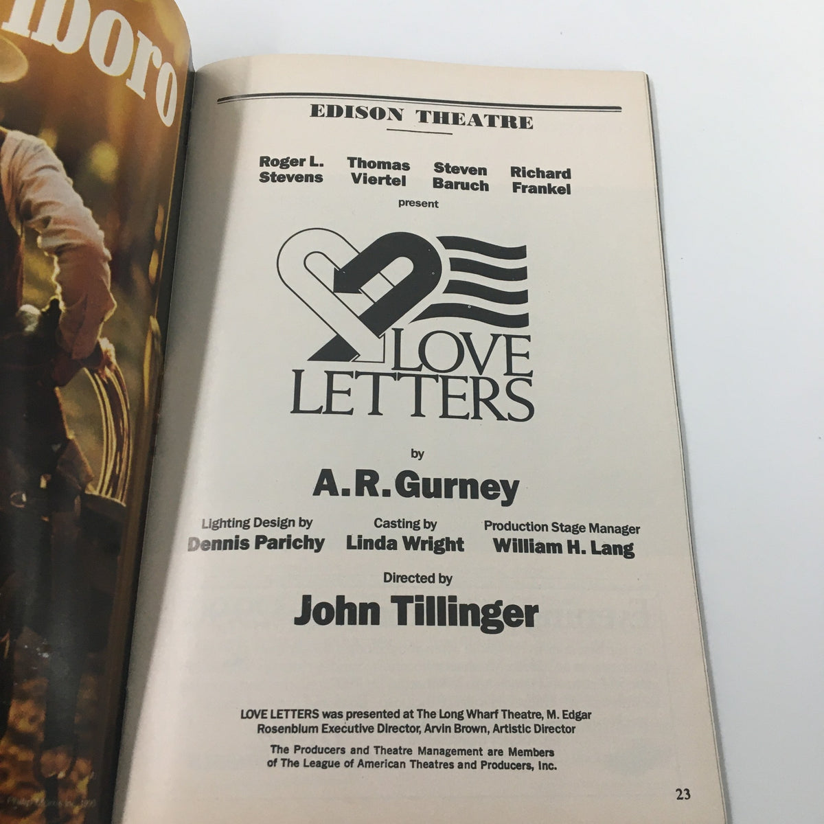 Page from the 1990 Playbill of Edison Theatre showcasing the cast and crew of the play 'Love Letters' by A.R. Gurney.