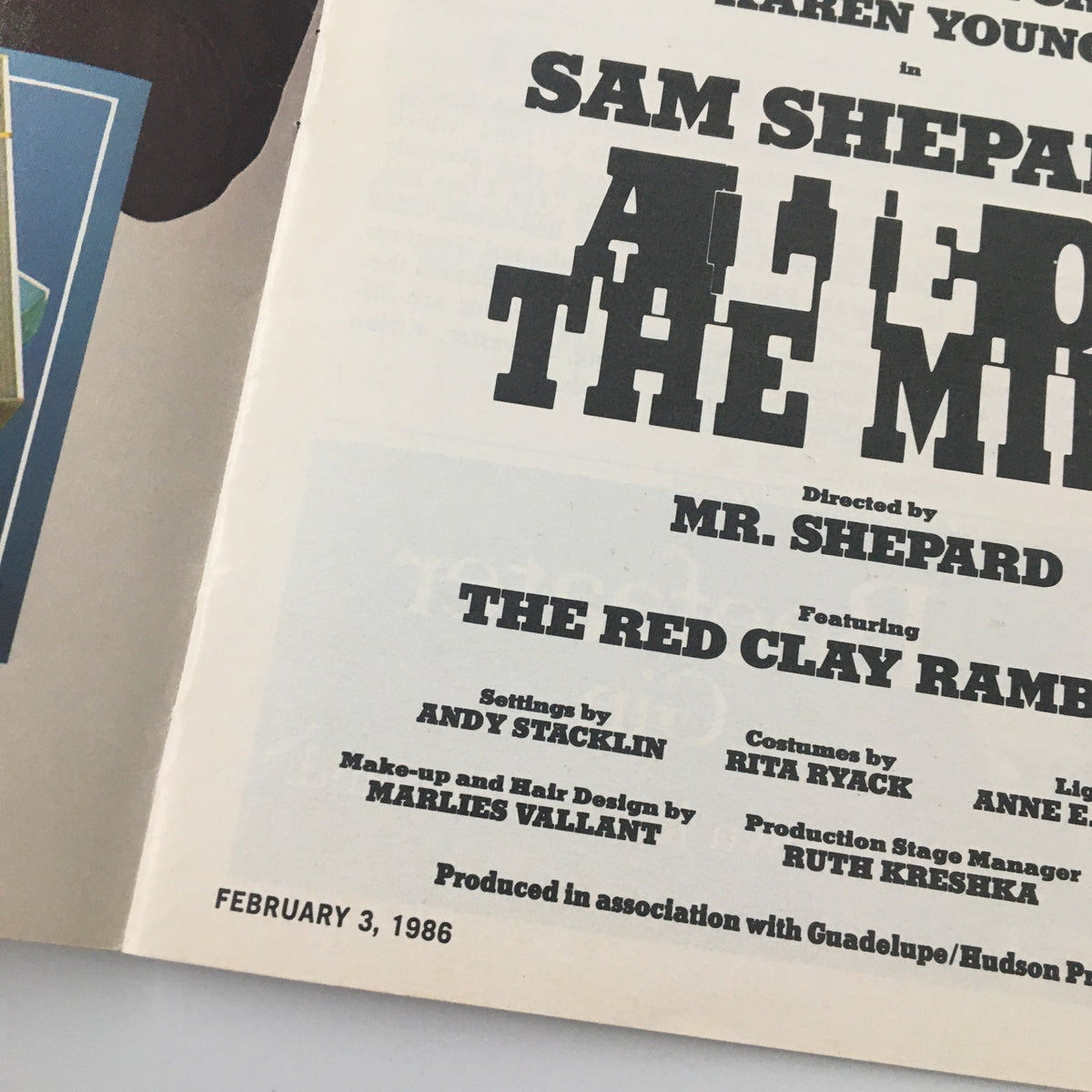 Close-up of the Playbill for A Lie of The Mind at the Promenade Theatre, showcasing production credits and the date February 3, 1986.