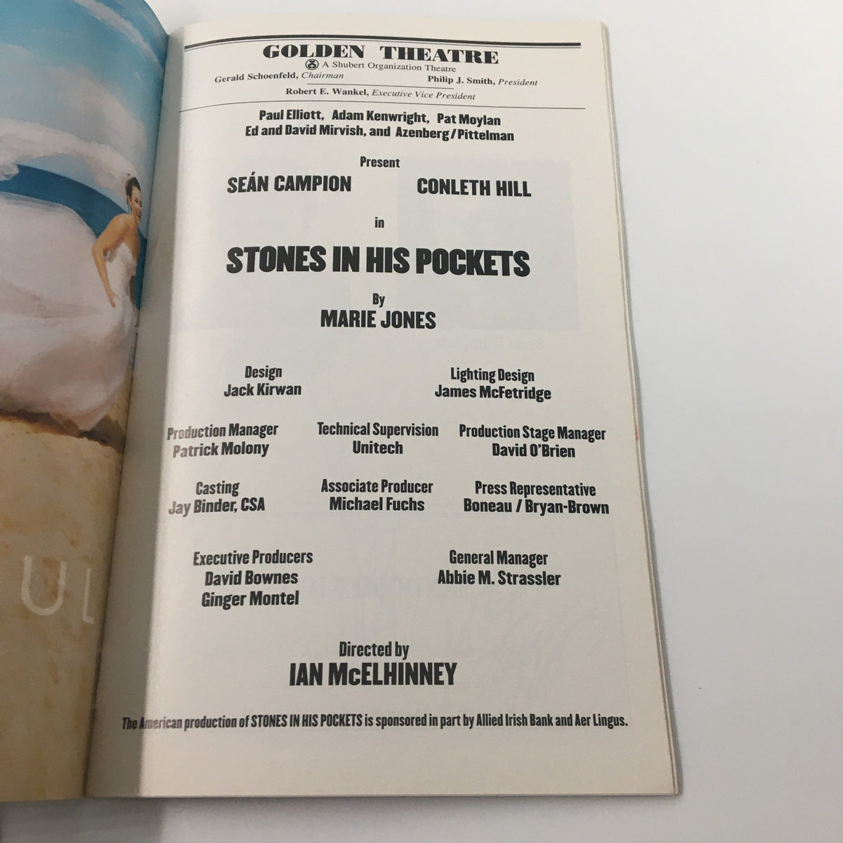 Inside page of the 2001 Playbill from Golden Theatre for 'Stones in His Pockets', including cast details and production credits.