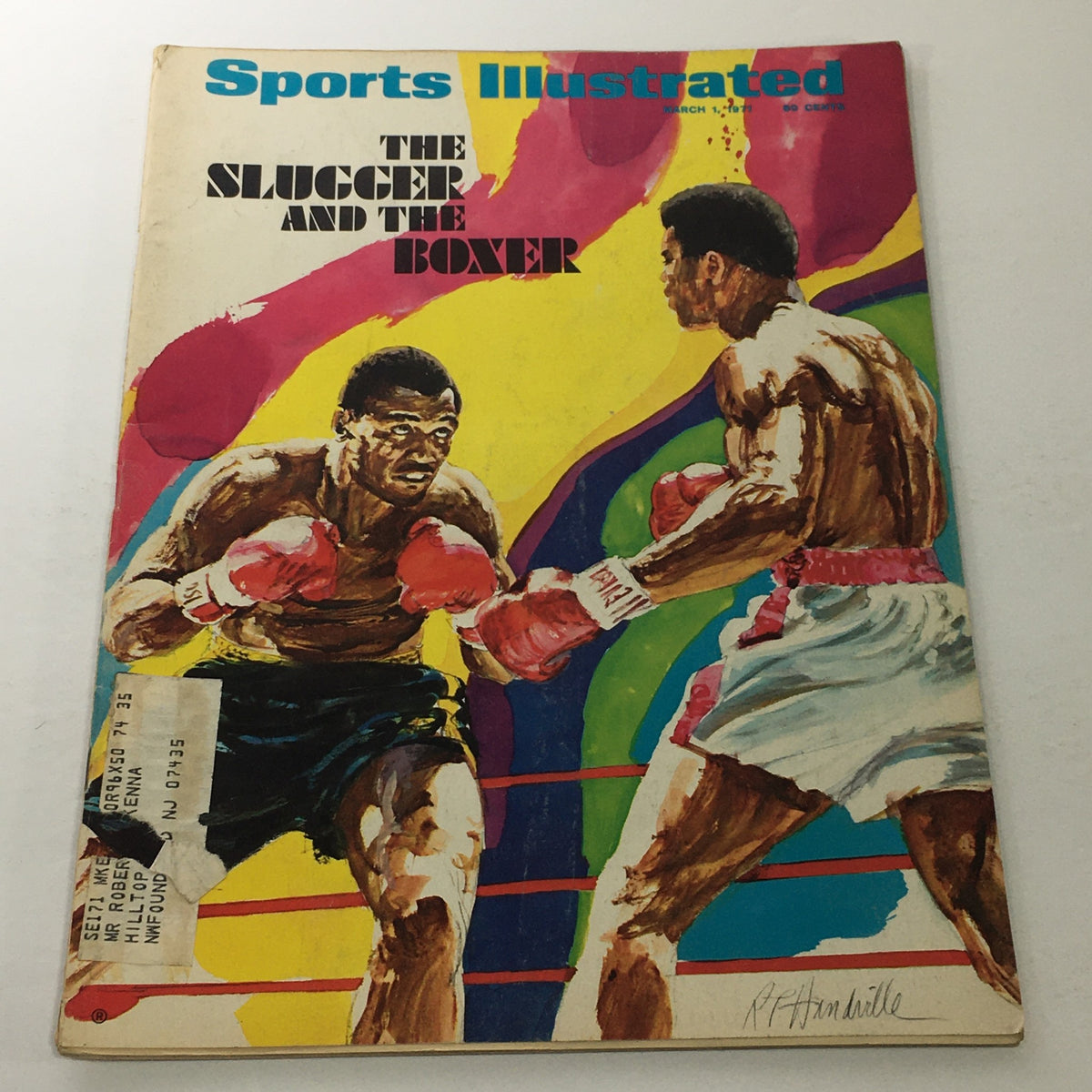 Cover of Sports Illustrated March 1, 1971 featuring 'The Slugger and The Boxer'. The cover showcases vibrant artwork depicting two boxers in action, emphasizing the dynamic nature of the sport.