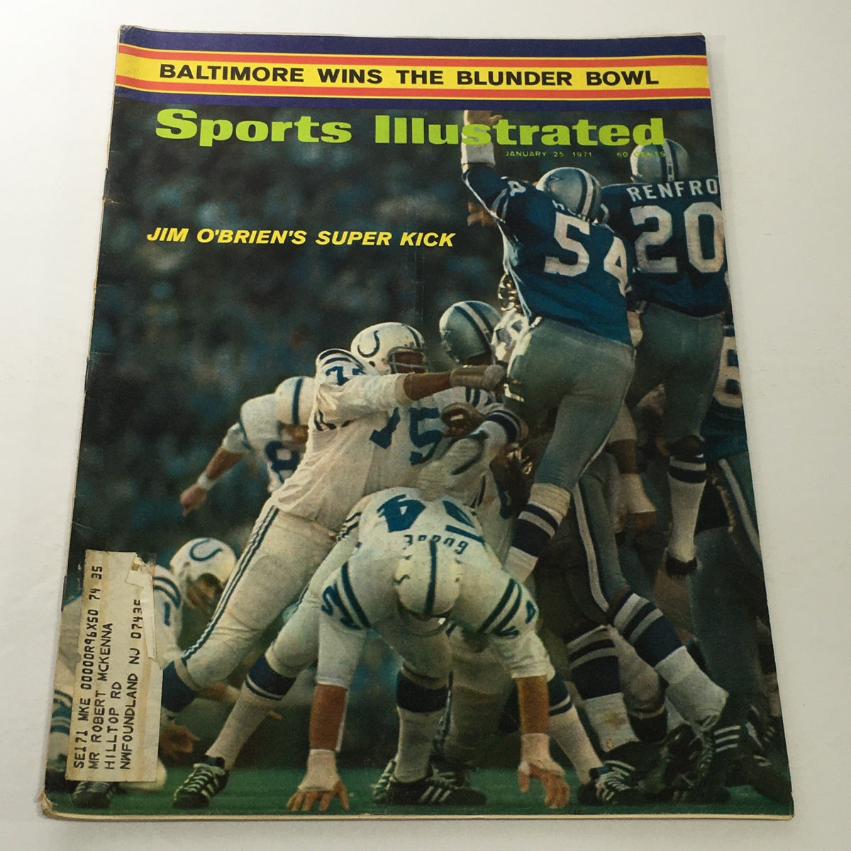 Cover of Sports Illustrated magazine from January 25, 1971, featuring Jim O'Brien's Super Kick and Baltimore Wins, showcasing a dramatic moment in sports with players in action.