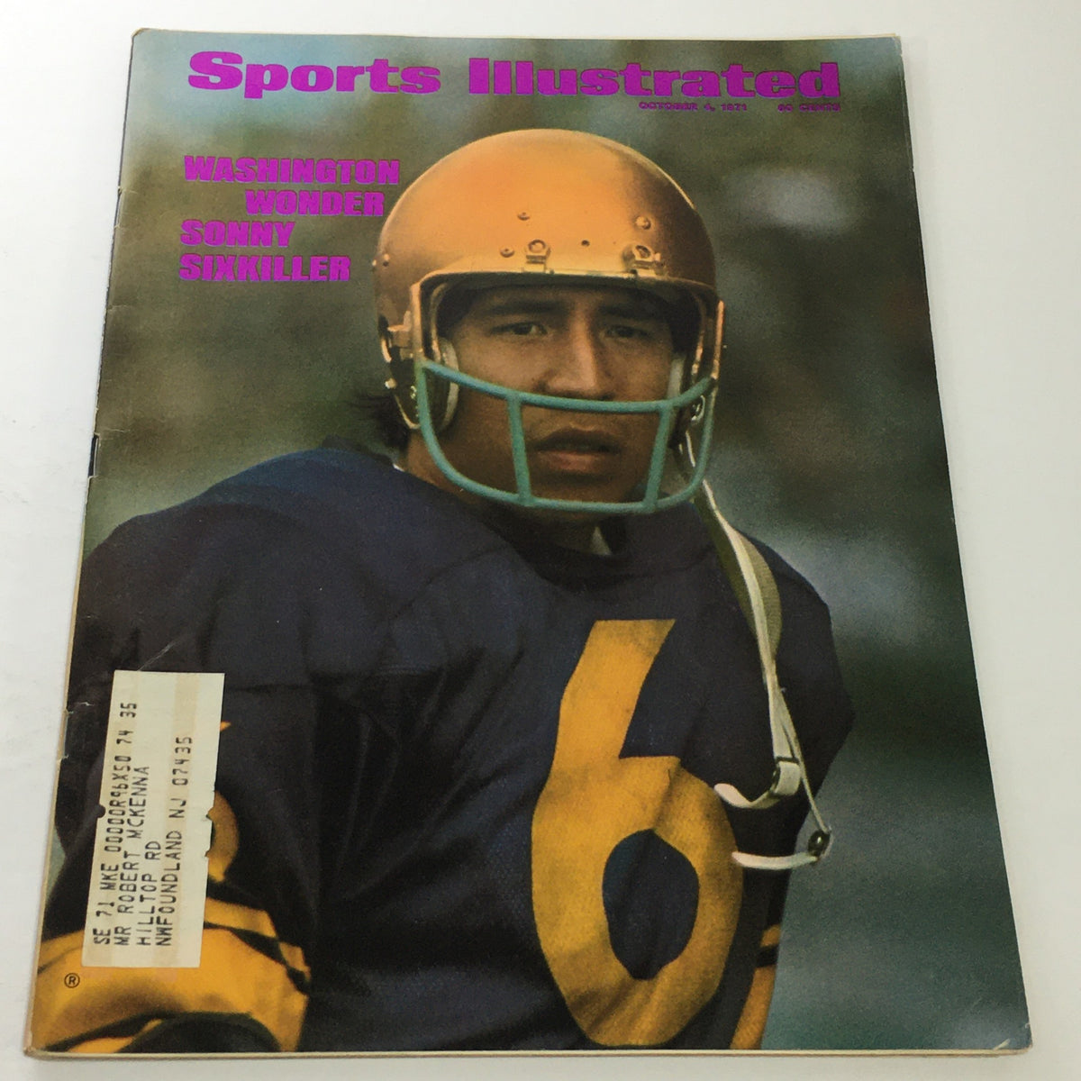 Sports Illustrated magazine cover from October 4, 1971, featuring Washington Wonder Sonny Sixkiller in a football helmet, showcasing vintage sports memorabilia.