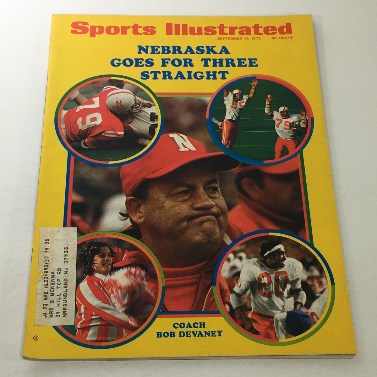 Cover of Sports Illustrated: September 11, 1972 - Nebraska Goes For Three Straight, featuring coach Bob Devaney, players in action, and a cheerleader, showcasing the excitement of college football history.