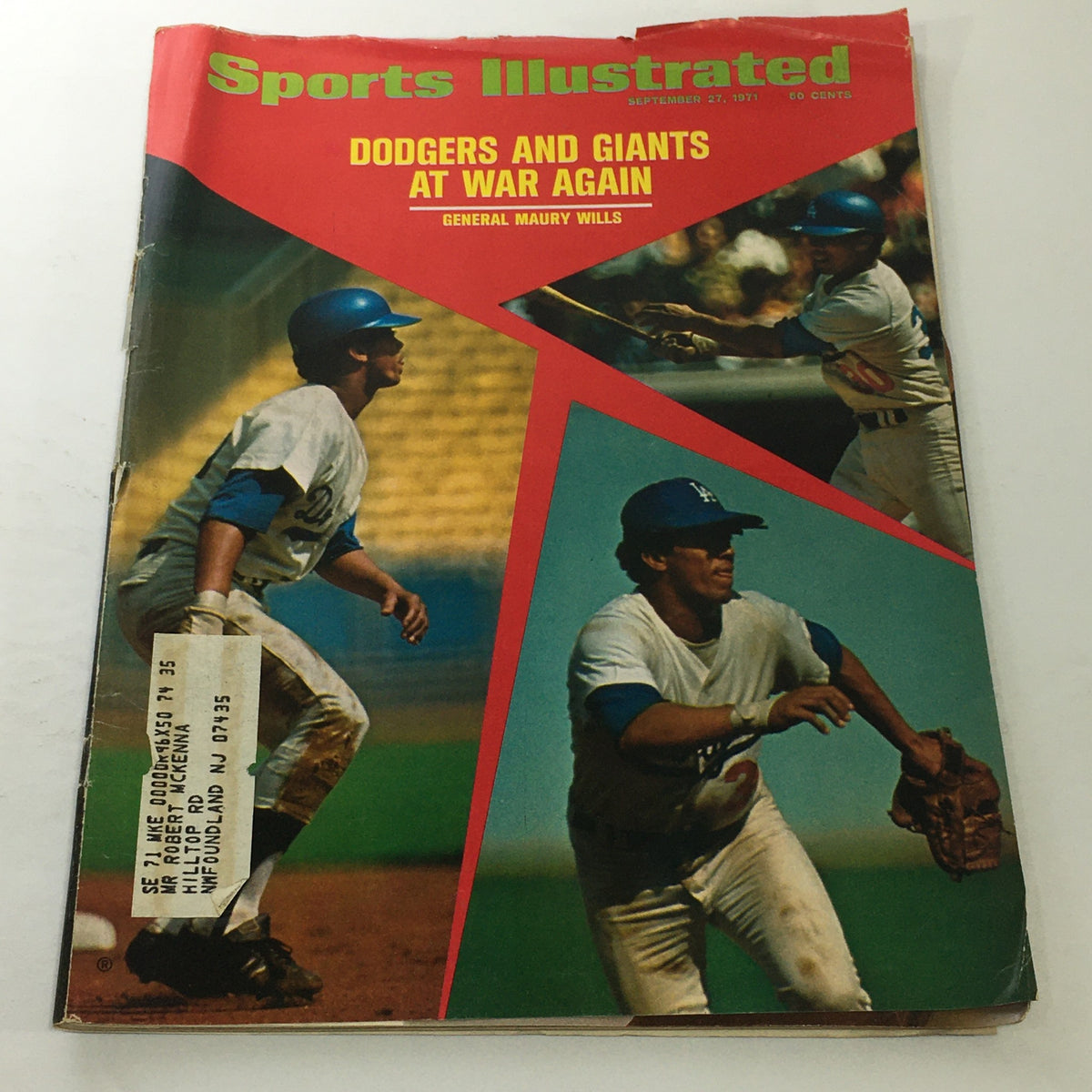 Vintage Sports Illustrated magazine cover from September 27, 1971, featuring Maury Wills and the headline 'Dodgers and Giants at War Again.' The cover showcases images of Wills in action, symbolizing the intense rivalry in Major League Baseball.