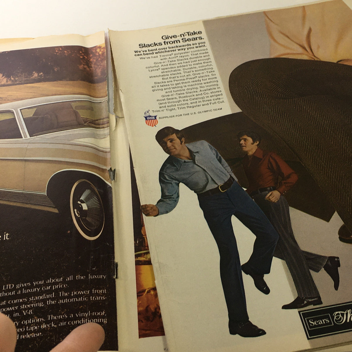 Vintage advertisement for Give-n-Take Slacks from Sears in the Sports Illustrated: September 27 1971 issue featuring a classic car and two models.