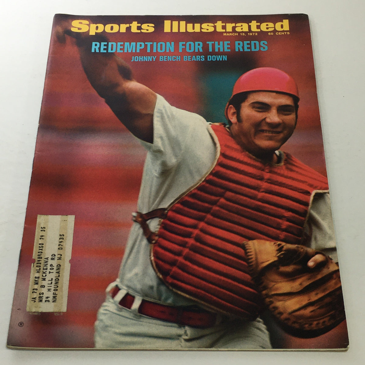 Vintage Sports Illustrated magazine cover from March 13, 1972 featuring Johnny Bench with the title 'Redemption for the Reds'. The cover highlights the legendary catcher in action, representing a pivotal moment in Cincinnati Reds history.