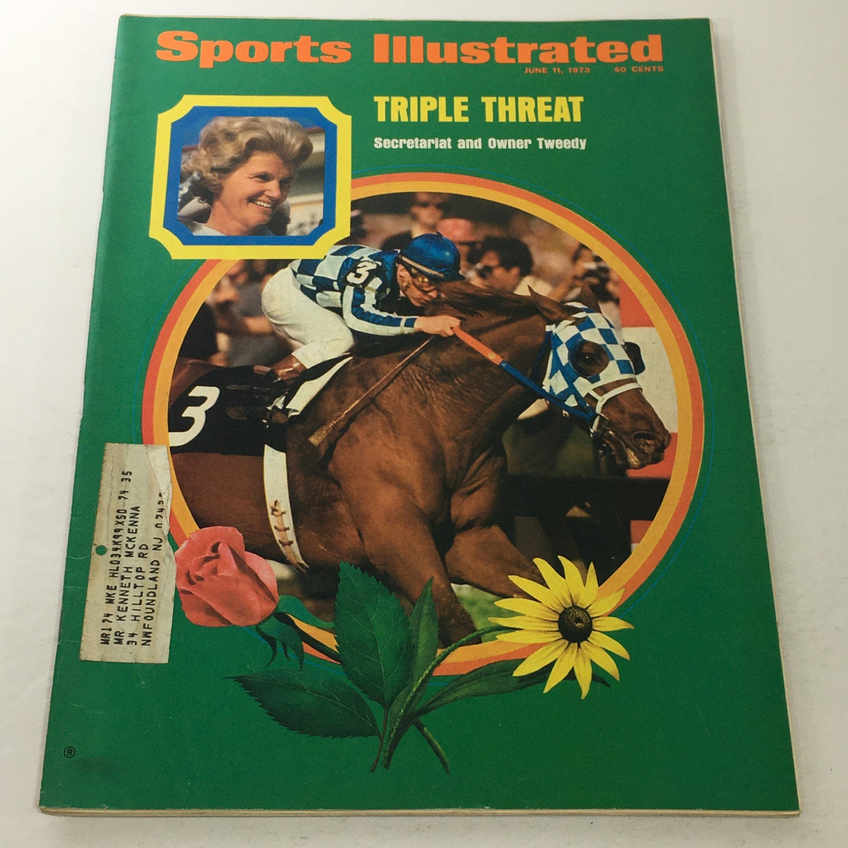 Vintage Sports Illustrated magazine cover from June 11, 1973, featuring 'Triple Threat: Secretariat and Owner Tweedy', showcasing horse racing and sports history.