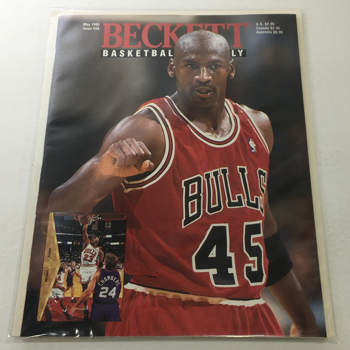 Beckett Basketball Monthly May 1995 Issue #58 featuring Michael Jordan on the cover, showcasing the iconic basketball player in a Chicago Bulls jersey, emphasizing his athletic prowess and popularity in the sport.