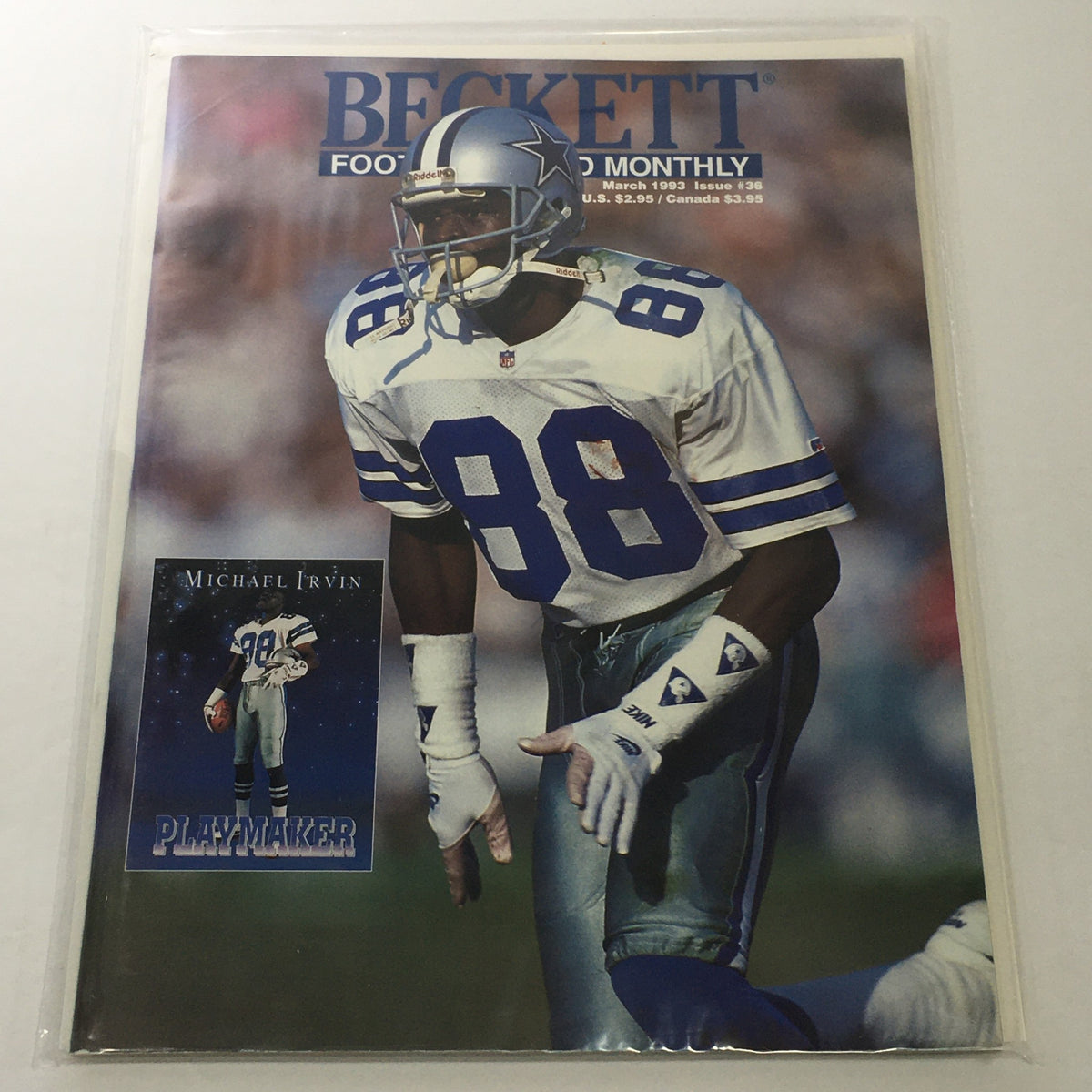 Beckett Football Card Monthly March 1993 Issue #36 featuring Michael Irvin on the cover, showcasing the iconic Dallas Cowboys wide receiver in action with the title 'Playmaker' prominently displayed.