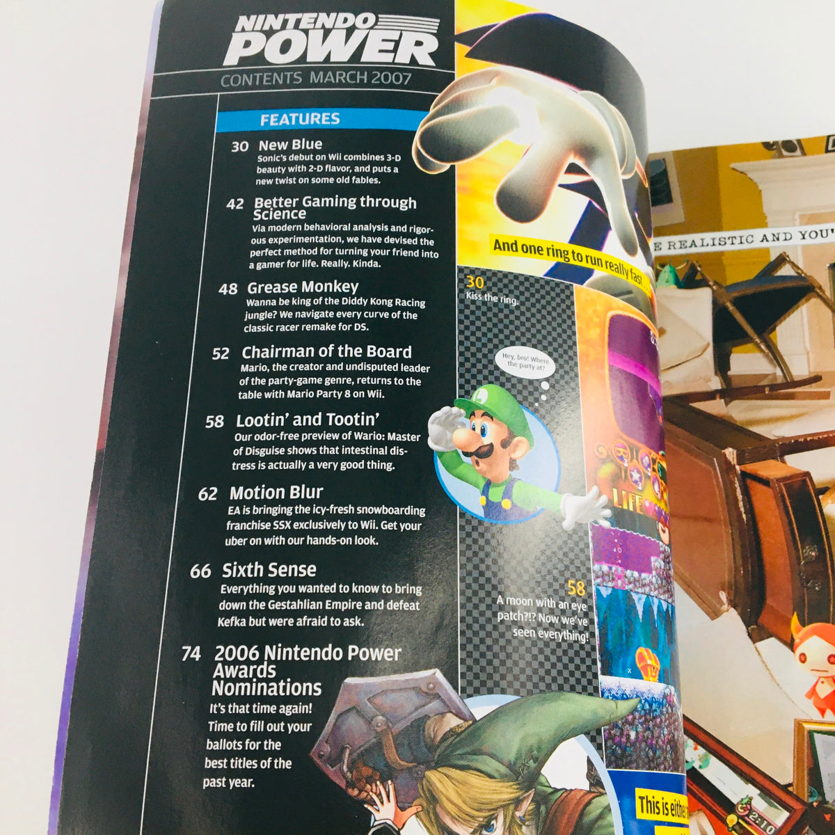 Contents page from Nintendo Power Magazine March 2007, featuring features like Sonic Secrets and Wii debut, with highlighted sections and a prominent Nintendo Power logo.