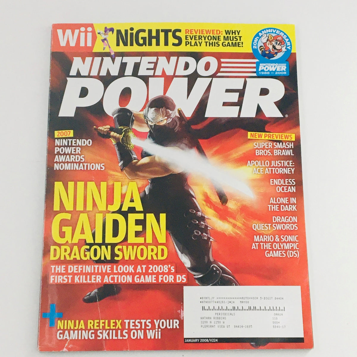 Cover of Nintendo Power Magazine January 2008 featuring Ninja Gaiden Dragon Sword and Ninja Reflex, showcasing a striking design with gaming visuals and highlights from 2007 Nintendo Power Awards.