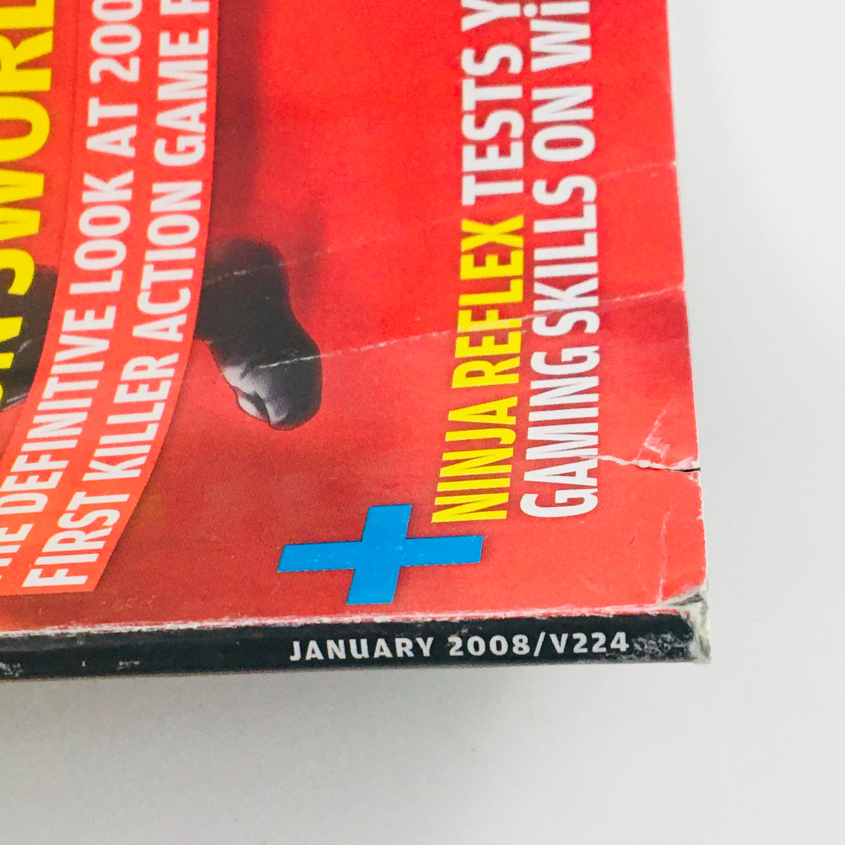 Side view of Nintendo Power Magazine January 2008, emphasizing the title Ninja Reflex and mentioning it tests gaming skills on Wii, with visible wear typical for vintage publications.