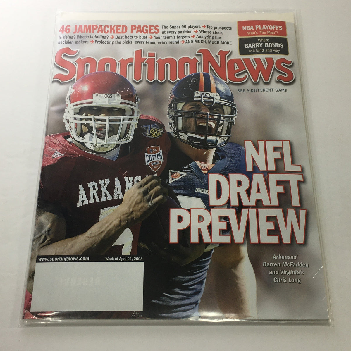 Sporting News: April 21 2008 - The NFL Draft Preview featuring Arkansas' Darren McFadden and Virginia's Chris Long on the cover, highlighting NFL playoffs and player predictions.