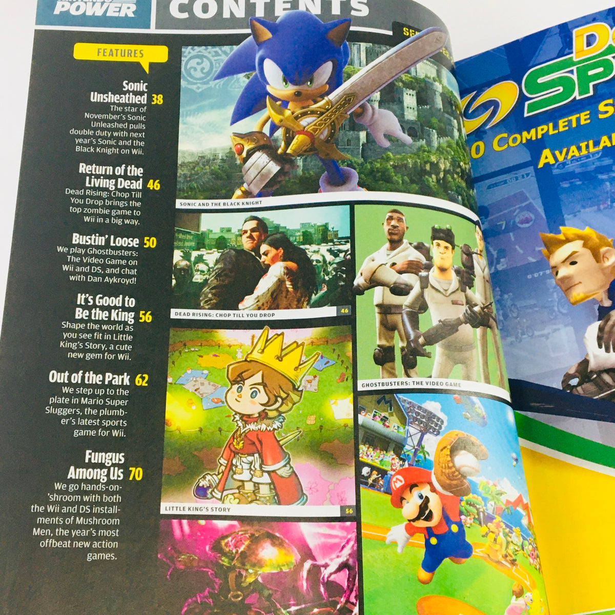 Contents page of Nintendo Power Magazine September 2008 showcasing Sonic & The Black Knight and other game features.