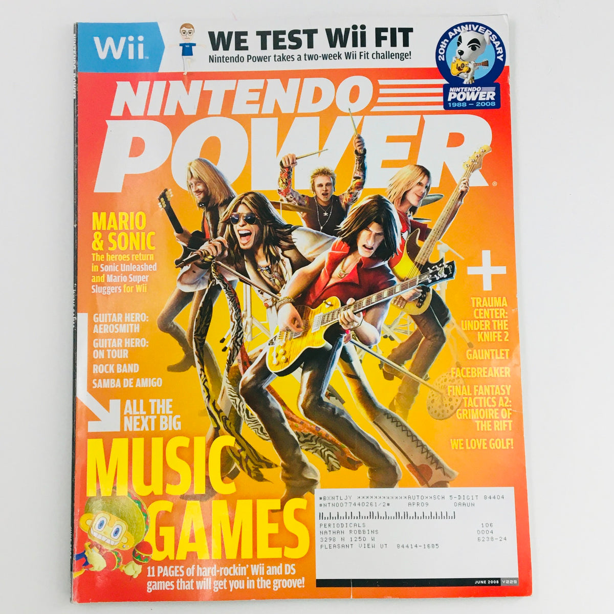 Nintendo Power Magazine June 2008 cover featuring Sonic Unleashed and Mario Super Sluggers for Wii, showcasing vibrant graphics and gaming highlights.
