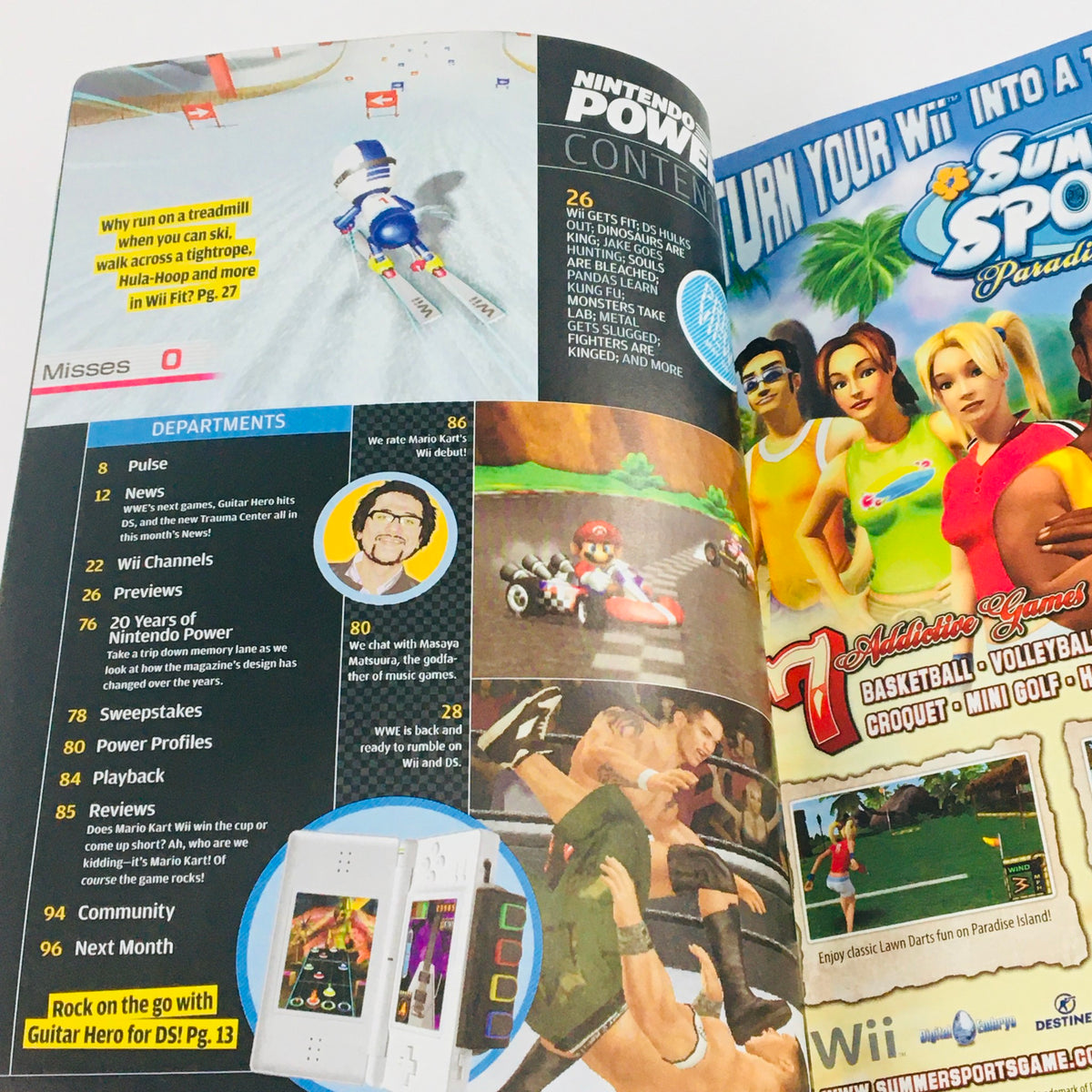 Interior page of Nintendo Power Magazine May 2008 showcasing the contents and layout with sections like Pulse, Wii Channels, and features on Nintendo games including Summer Sports.