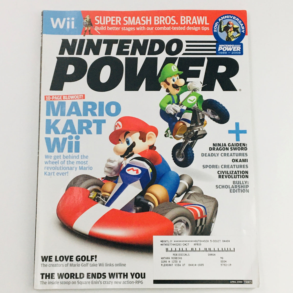 Cover of Nintendo Power Magazine April 2008 featuring Mario Kart Wii and Ninja Gaiden Dragon Sword, showcasing iconic characters and gaming elements.