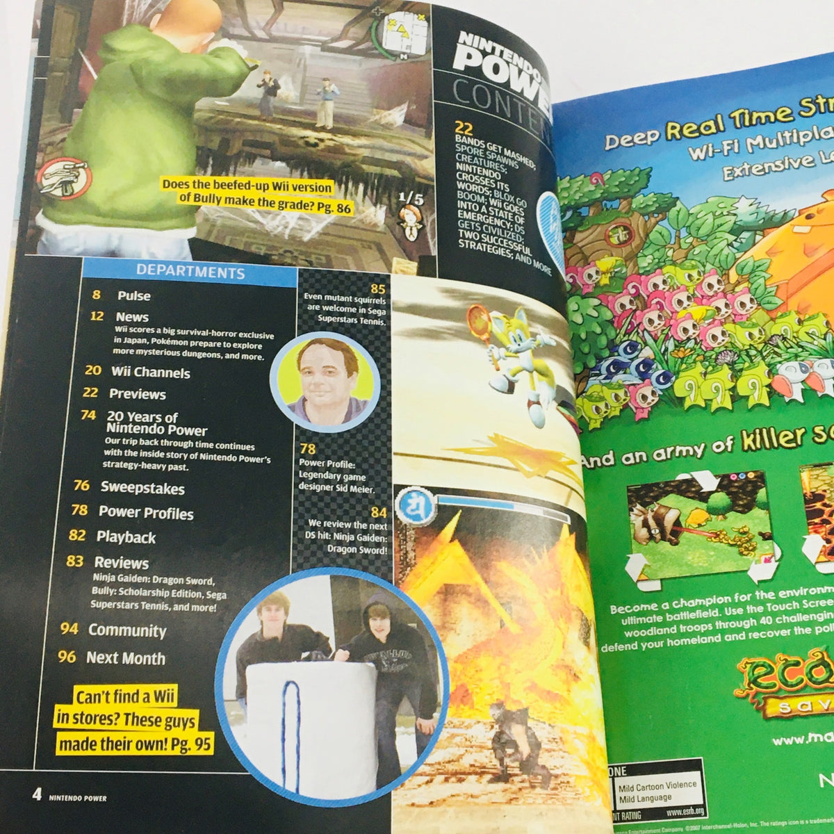 Interior page of Nintendo Power Magazine April 2008 displaying contents including features on Ninja Gaiden Dragon Sword and previews of upcoming games.
