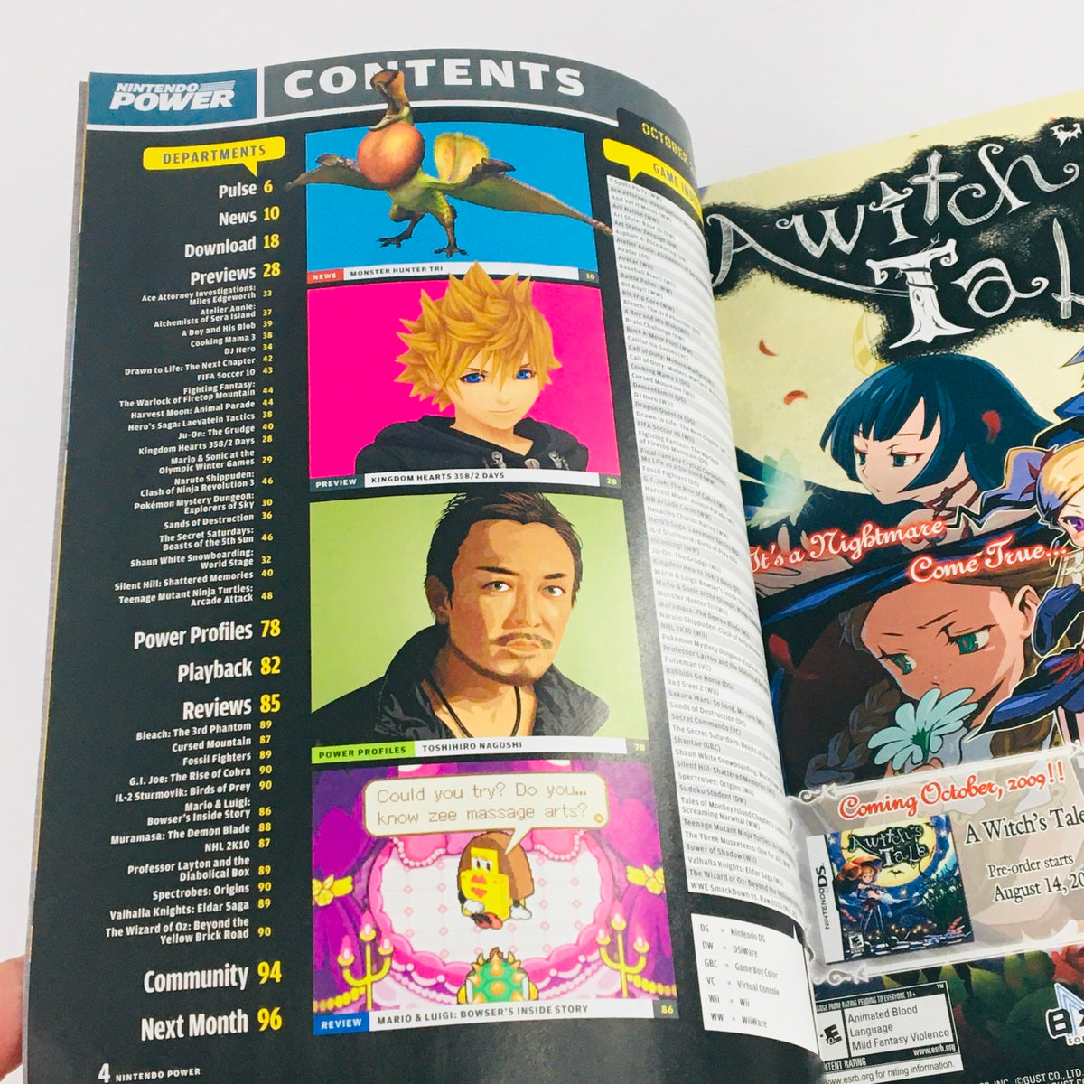 Contents page of Nintendo Power Magazine, October 2009 issue, showcasing features on Avatar, Tower of Shadow, and various gaming articles.