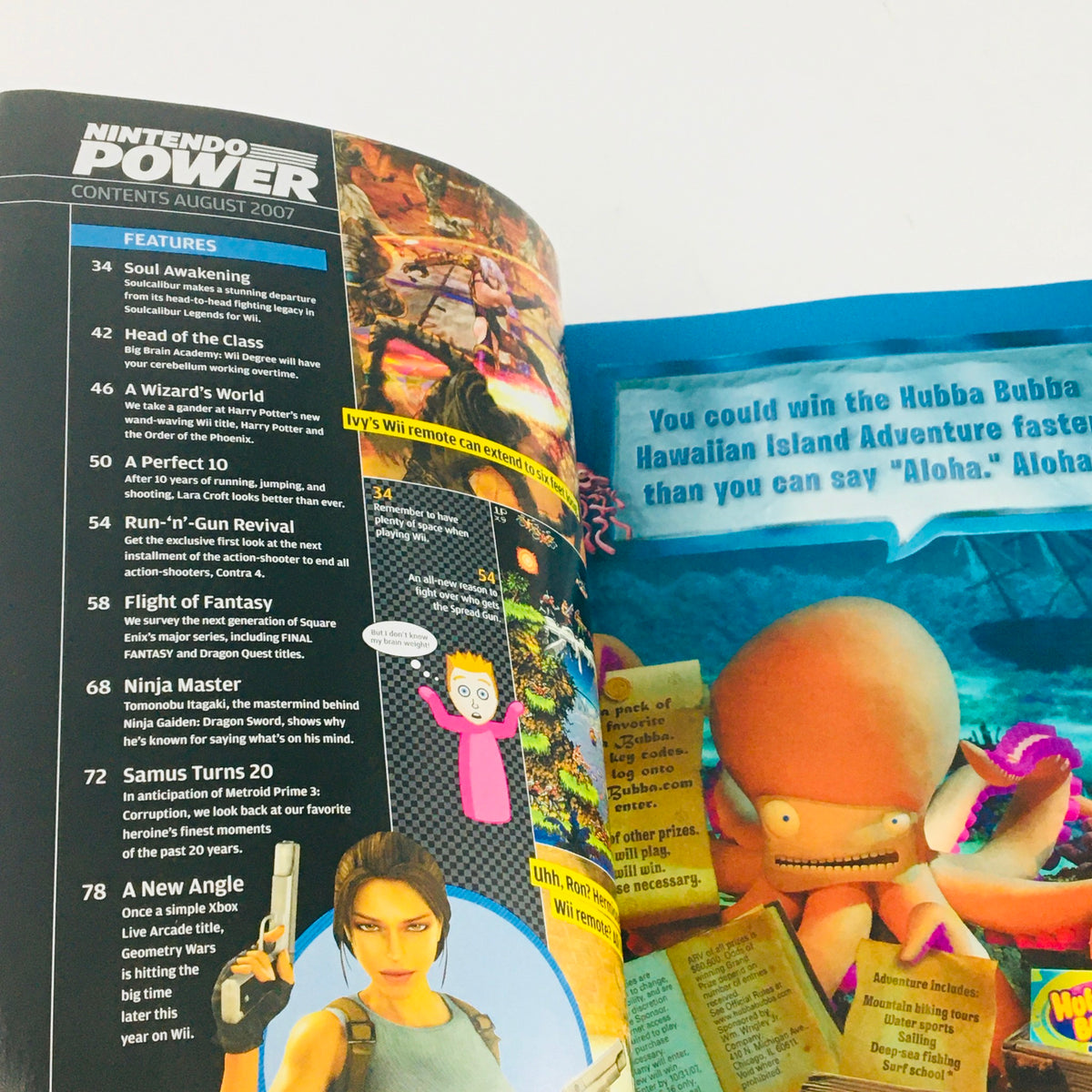 Inside view of Nintendo Power Magazine from August 2007, featuring content about Soulcalibur Legends, highlights from gaming features, and artwork related to popular games of the time.
