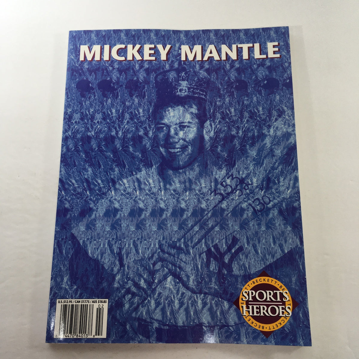 Beckett Sports Heroes: 1996 - New York Yankees' Mickey Mantle magazine cover featuring a blue-toned image of Mickey Mantle with a smiling expression, holding a bat, showcasing the Sports Heroes logo.