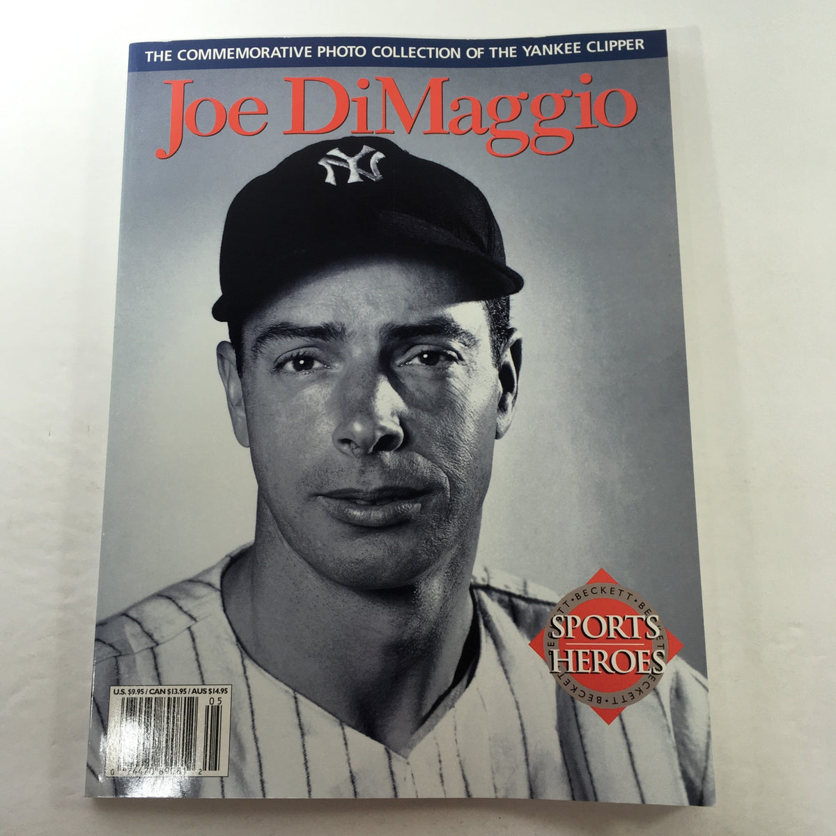 Cover of Beckett Sports Heroes: 1996 featuring baseball legend Joe DiMaggio, showcasing a portrait of him in his New York Yankees uniform, highlighting the magazine's focus on sports memorabilia.