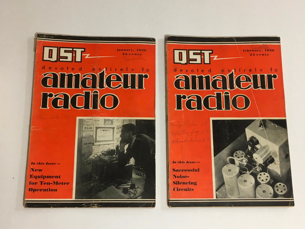 Lot of 12 Complete January to December 1936 QST Amateur Radio magazines showing the January and February editions, highlighting their historical significance in amateur radio.