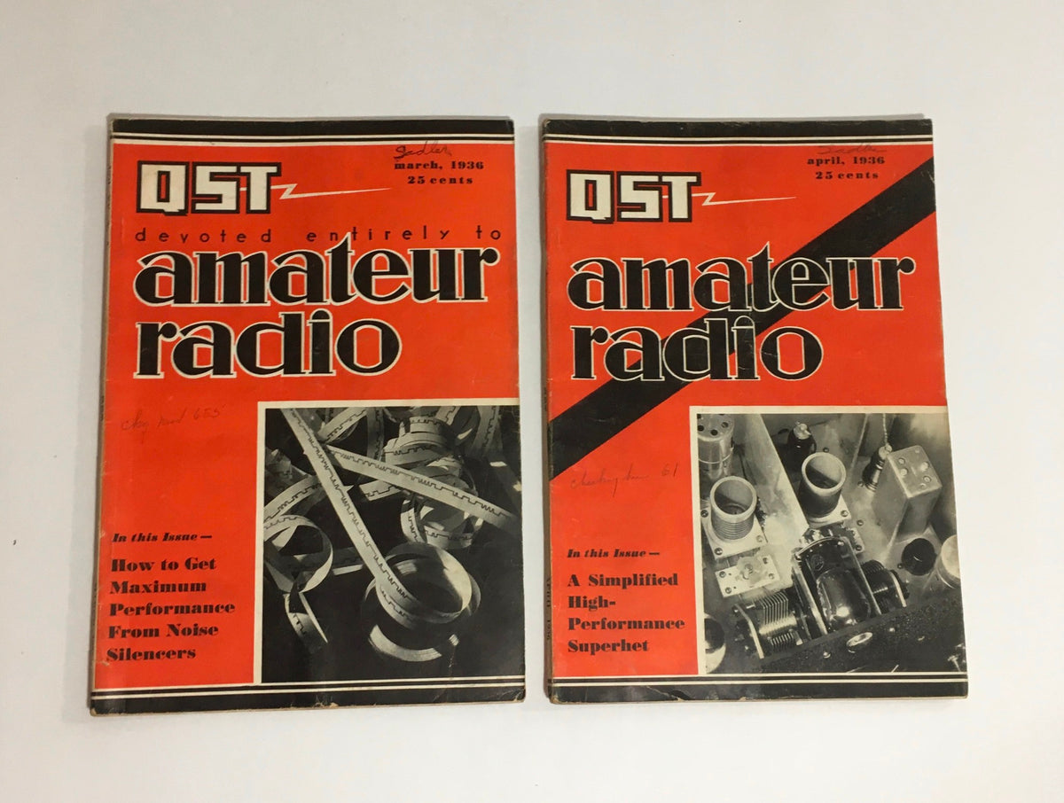 Lot of 12 Complete January to December 1936 QST Amateur Radio magazines featuring the March and April editions, showcasing key articles on radio technology.