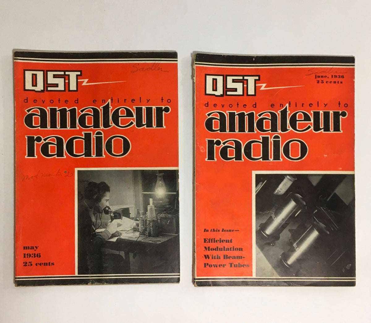 Lot of 12 Complete January to December 1936 QST Amateur Radio magazines displaying the May and June editions, illustrating historical amateur radio practices.