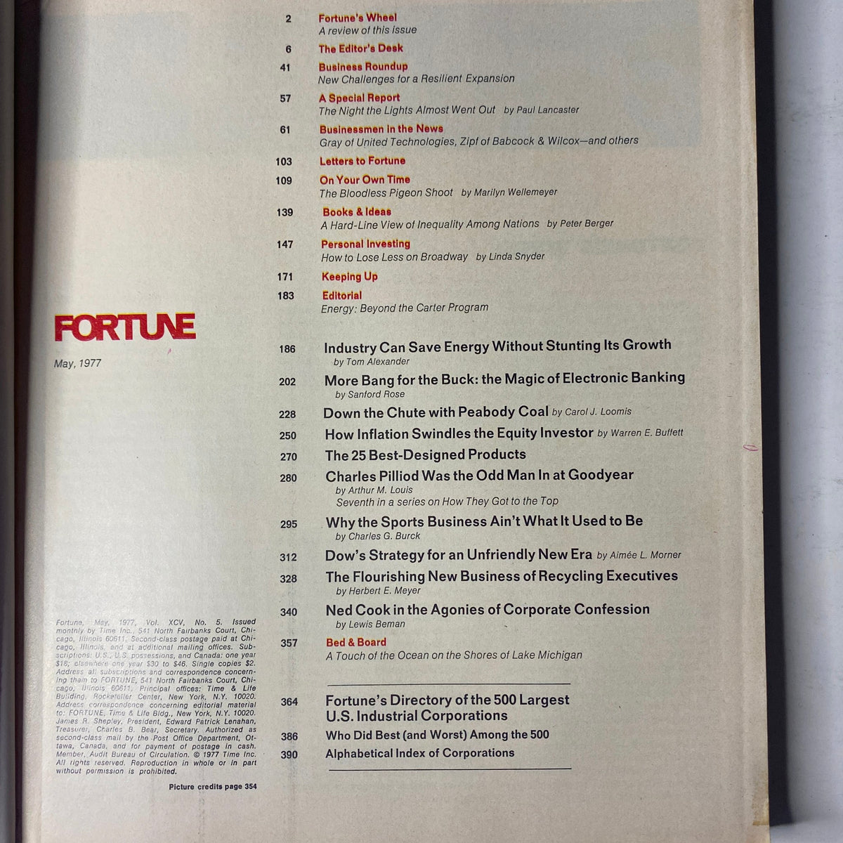 Table of contents from Fortune Magazine May 1977, titled 'The Largest U.S. Industrial Corporations', listing key articles and features of the issue.
