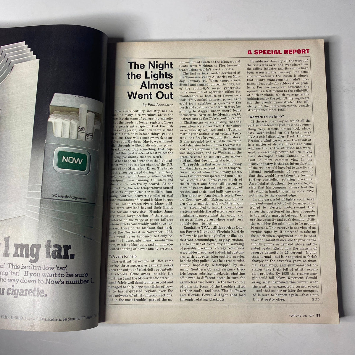 Inside page of Fortune Magazine May 1977, titled 'The Night the Lights Almost Went Out', presenting a special report on the electric utility industry.