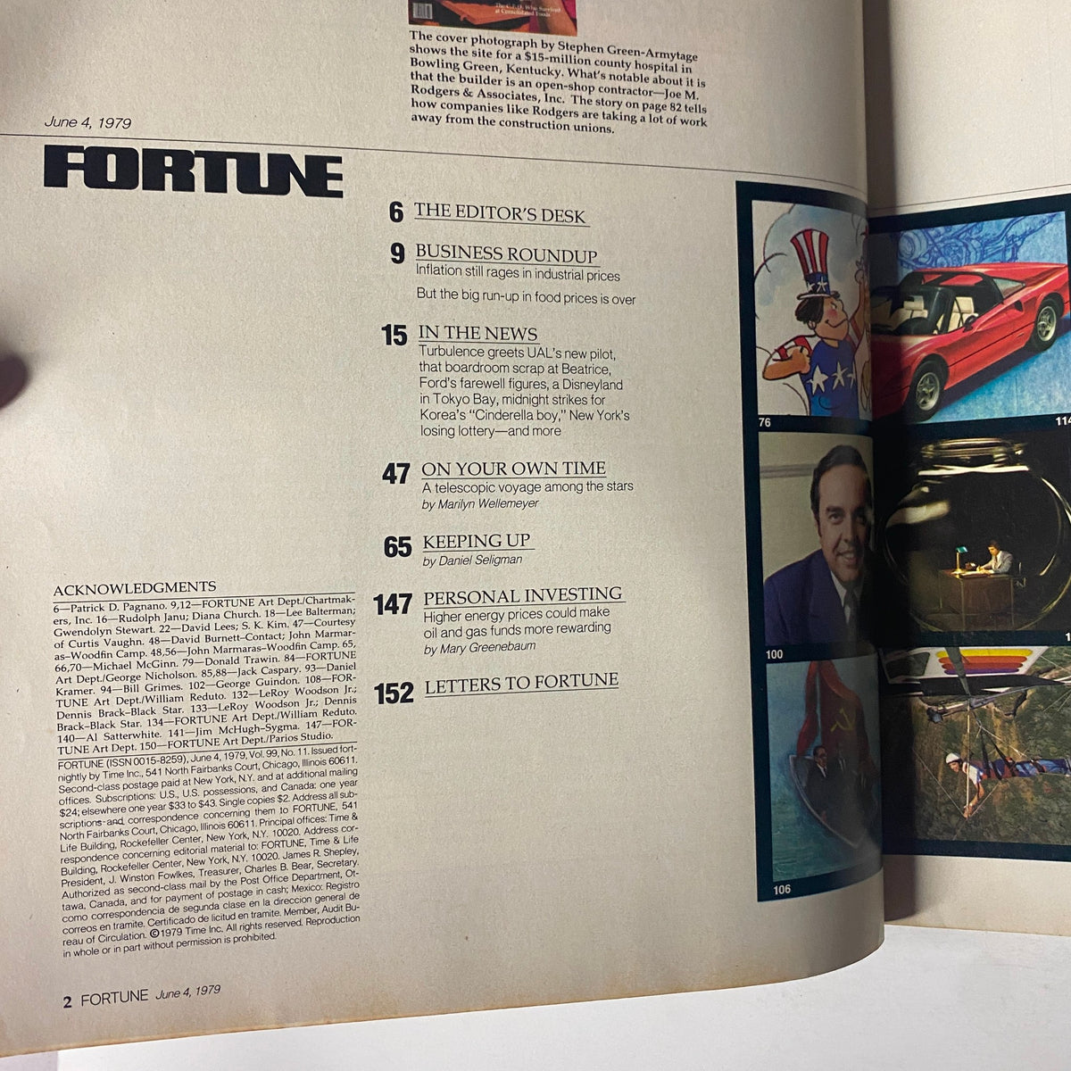 Inside page of Fortune Magazine June 4, 1979 showing index and notable articles, highlighting labor relations and corporate strategies.