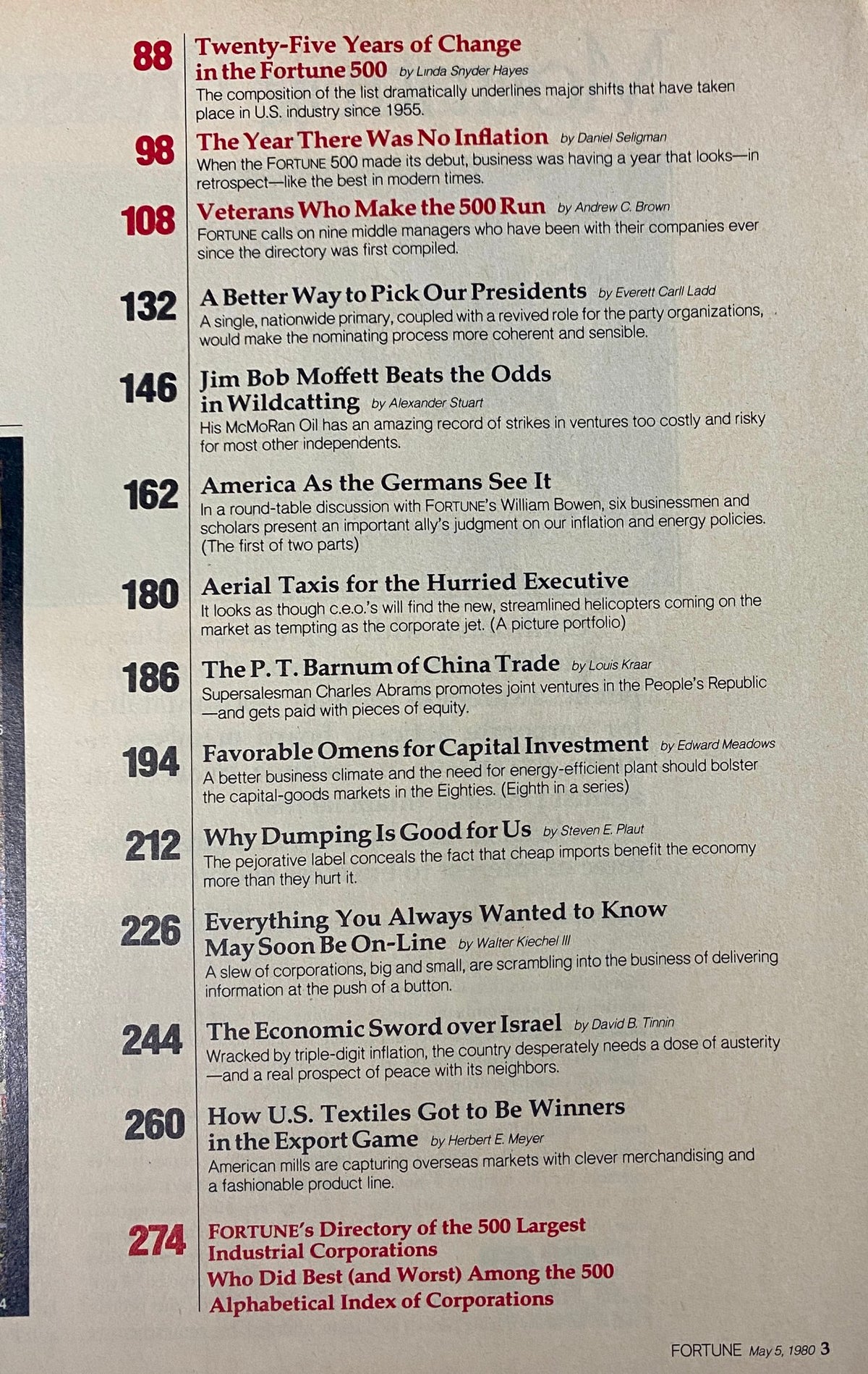 Detailed article listings from Fortune Magazine May 5, 1980, with headlines like 'Twenty-Five Years of Change in the Fortune 500' relevant to 'The Largest U.S. Industrial Corporations'.