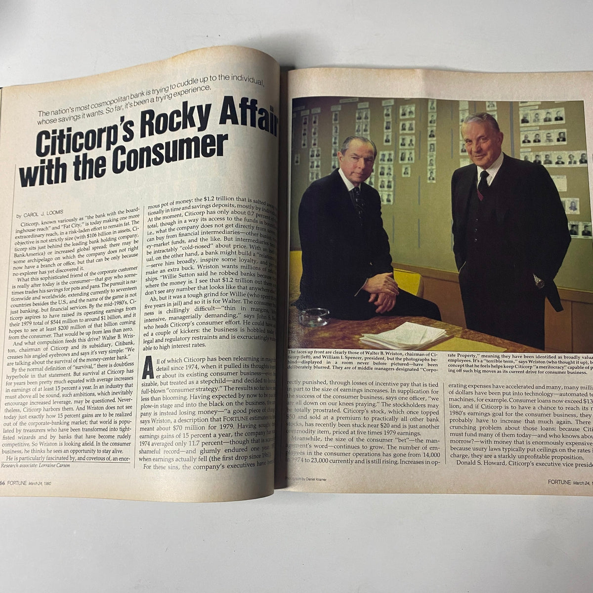An article spread from Fortune Magazine March 24, 1980 titled 'Citicorp's Rocky Affair with the Consumer', discussing Citicorp's banking strategies with photographs of key executives.