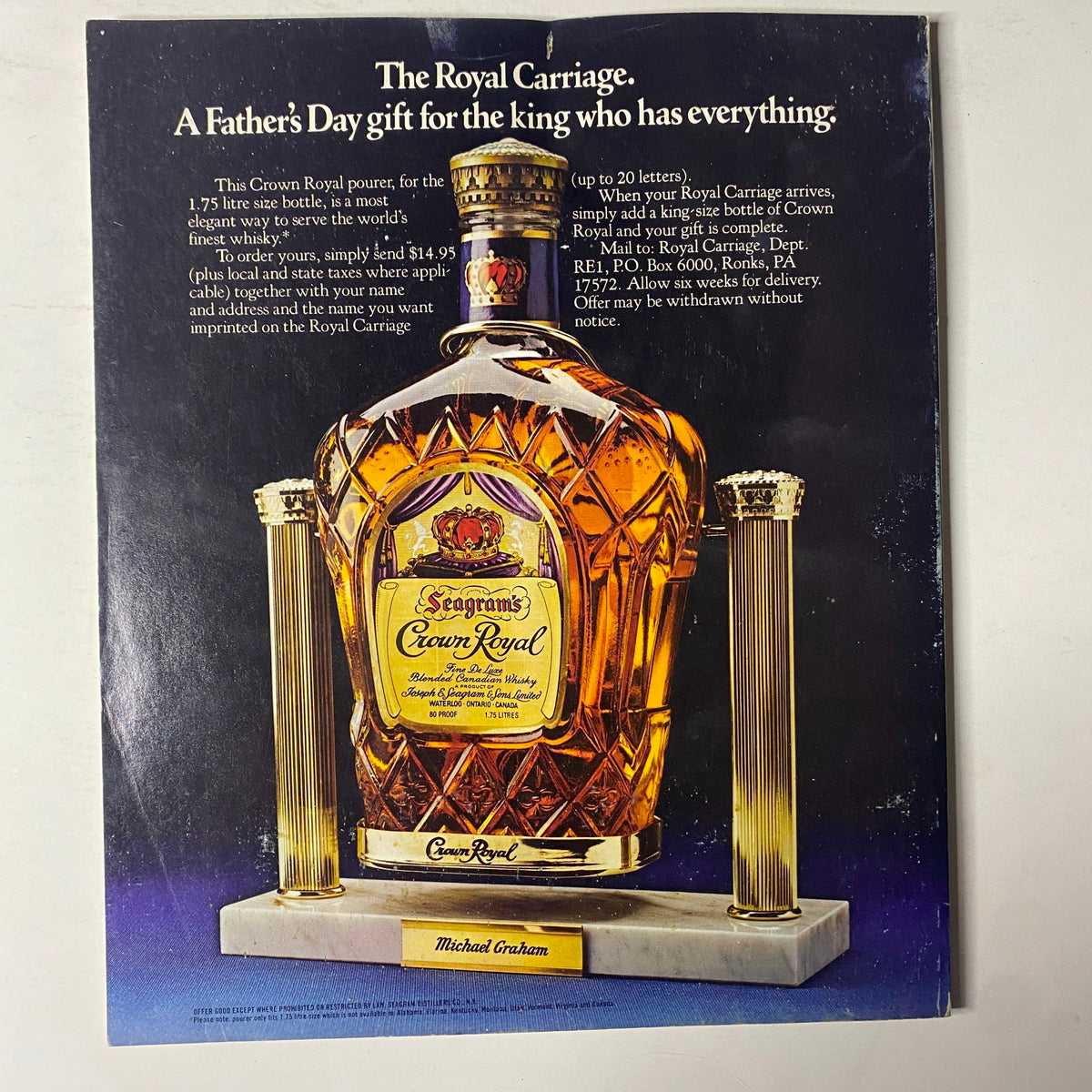 Vintage advertisement featuring Seagram's Crown Royal whiskey. The ad promotes 'The Royal Carriage,' a Father's Day gift with an elegant Crown Royal pourer, emphasizing luxury and exclusivity. The product is showcased with a stylish presentation, appealing to whiskey enthusiasts and collectors. This ad relates to the financial insights and corporate strategies discussed in the Fortune Magazine March 24, 1980 issue titled 'Citicorp's Daring Bid For The Consumer.'